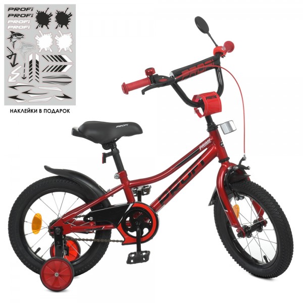139134 Велосипед дитячий PROF1 14д. Y14221-1 Prime, SKD75, червоний, ліхтар, дзвінок, дзеркало, дод.колеса.