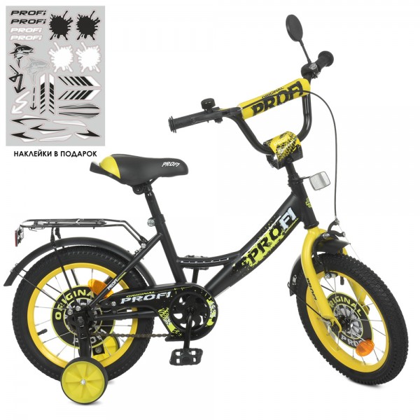 139138 Велосипед дитячий PROF1 14д. Y1443-1 Original boy, SKD75,чорно-жовтий,ліхтар,дзвінок,дзерк.,дод.кол.