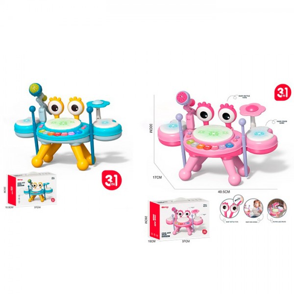 246242 Барабан 6233-6234 краб, 3в1(мікрофон, піаніно),палички 2шт,,2кольори,муз.(англ), світло,бат.кор.,37