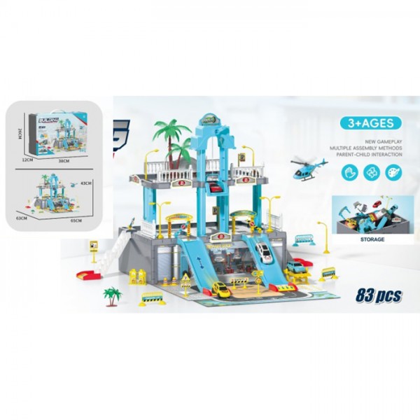 246183 Гараж A246 65-63-в43см, 2 поверхи, ліфт(механічний), машинка 7см 4шт, вертоліт, дорожні знаки,дерева