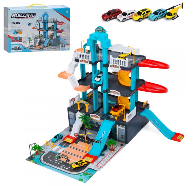 246184 Гараж A247 64-75-в57см, 3 поверхи, ліфт(механічний),машинка 7см 4шт, вертоліт, дорожні знаки, дерева