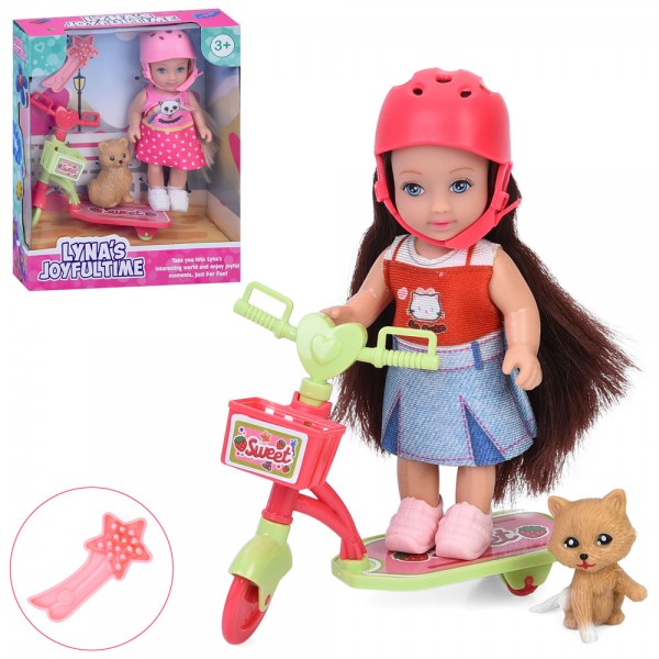 246192 Лялька 3804 11см, самокат, тварина 3,5см, гребінець, 2 види, в кор-ці, 13,5-16-4,5см