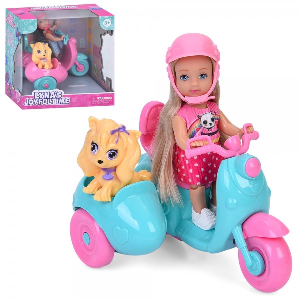 246193 Лялька 3808 11см, шарнірні ноги, мотоцикл 14см, собака 5см, 2 види, в кор-ці, 16-17-10,5см
