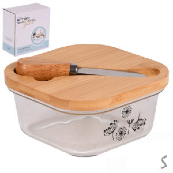 253881 Маслянка скло з ножем та бамбуковою кришкою 13*13*6см., R34372