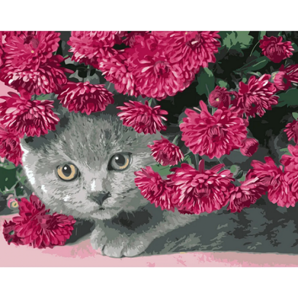146140 Набір для розпису по номерах VA-0586 "Сірий кіт у квітах", розміром 40х50 см
