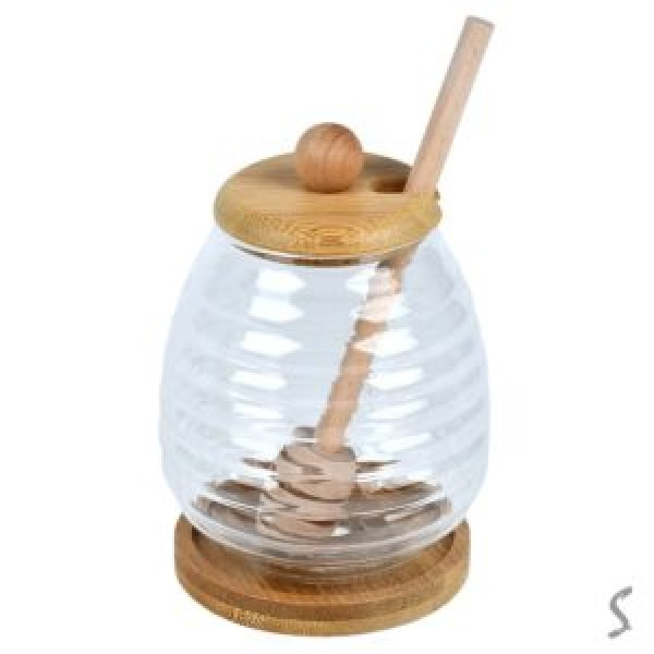 223398 Банка для меду з ложкою на бамбуковій підставці 400мл.  9*9*13см, R99463