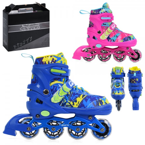 247914 Ролики A4160-Mрозсувні, шнур+бакля,алюм.рама,колесаПВХ66мм.світ. устіл.20,5см+2,5см.в кор.34-28-11см