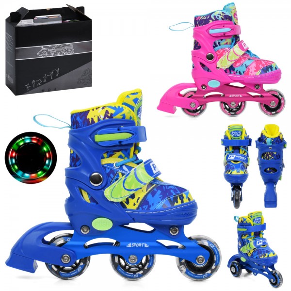 247916 Ролики A4160-XS (6шт) розсувні, шнурівка+бакля, алюм.рама, 3 колеса ПВХ 61мм, 1світло, устілка 15см (+2,5см), комбо, 2 кольори, в кор-ці, 29-26-10,5см