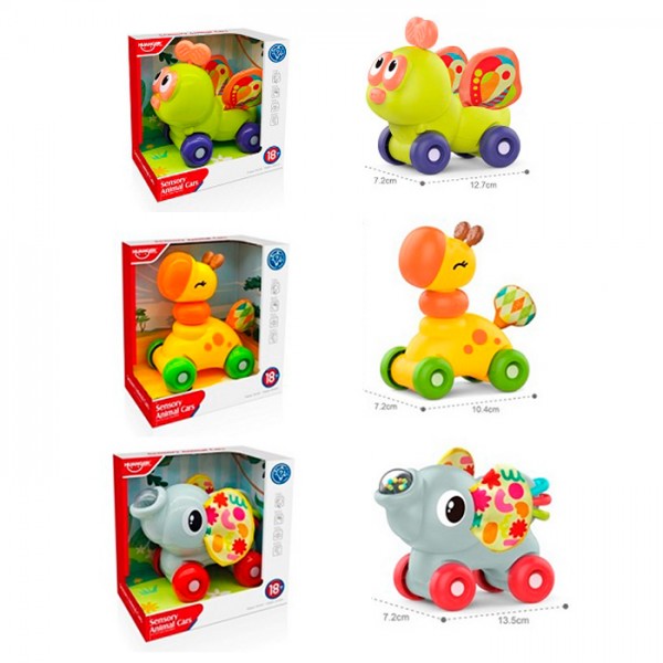 249930 Гра HE8092-93 тварина на колесах, шуршить,2 види(слон, брязкальце,метелик,тріскачка),кор.15-14,5-9см