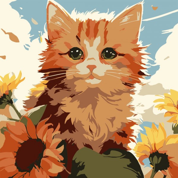 249862 Картина за номерами Strateg Рудий кіт з соняшниками 20х20 (HH8032)