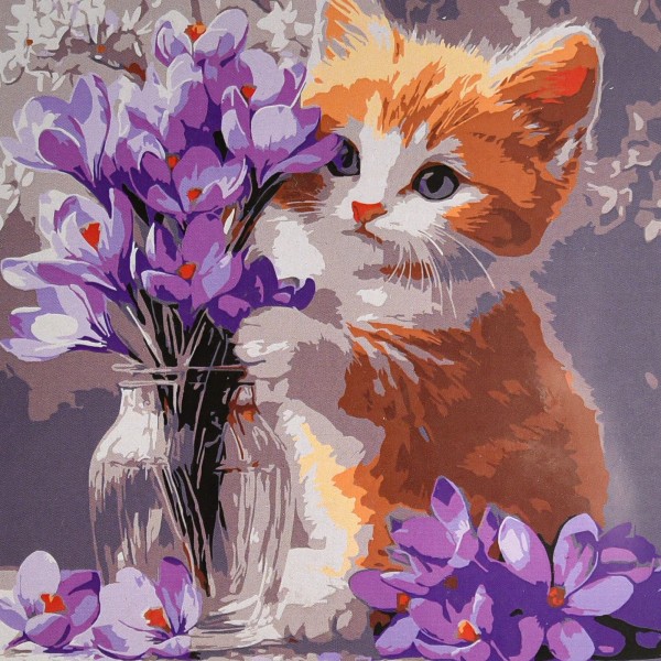 249874 Картина за номерами Strateg Кошеня і крокуси 30х30 (ES-0919)
