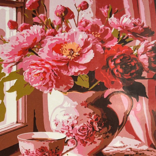 249876 Картина за номерами Strateg Рожеві півонії біля вікна 30х30 (ES-0926)