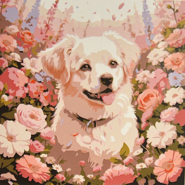 249878 Картина за номерами Strateg Пухнастий друг в квітковому полі 30х30 (ES-0935)