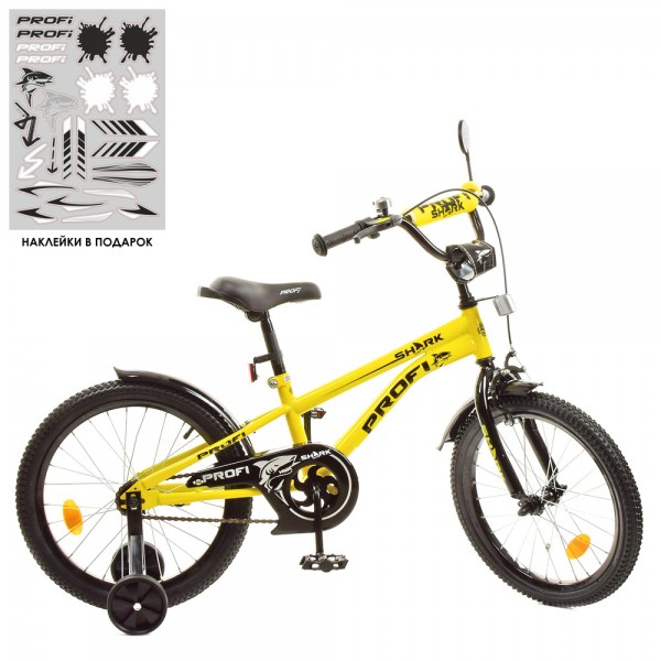 139172 Велосипед дитячий PROF1 16д. Y16214 Shark, SKD45, жовто-чорний, дзвінок,ліхтар,дод.колеса.