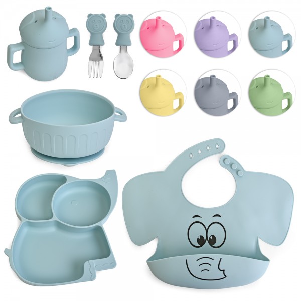 247133 Посуд дитячий силіконовий "Слоник" 6пр/наб (виделка, ложка, чашка-поїлка, слинявчик, тарілки 2шт), MA-4909
