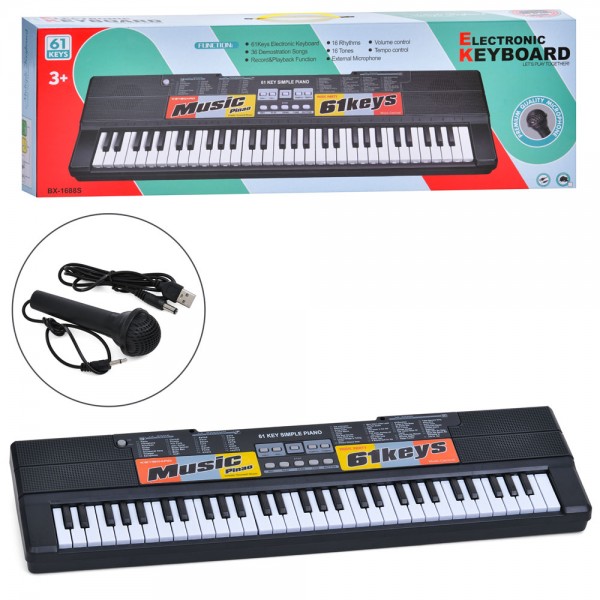 213939 Синтезатор BX-1688S 61 клавіша, мікрофон, запис, регул. гучн., муз.,бат./мережа USB,кор.,71,5-23-9см