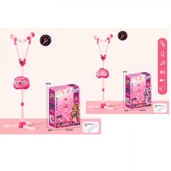 246545 Мікрофон HY832-833-E на стійці, мікрофон 2шт., BТ, 2 види, муз., світло,бат./USBшнур.,кор.,22,5-34-8