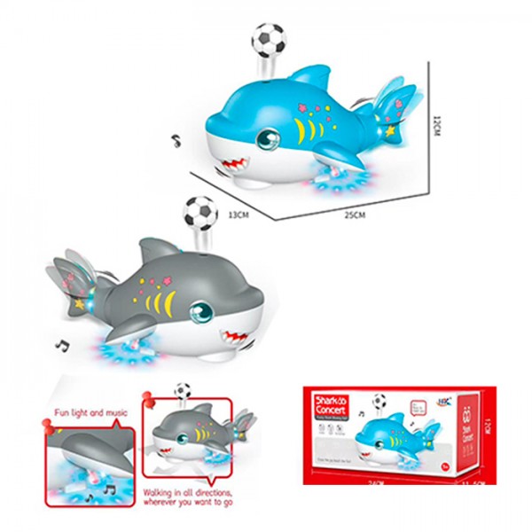 246528 Музична іграшка 683B акула,25см, муз.,світло,їздить, видуває повітря, м'яч 2шт,бат.,кор.24-12-11,5см