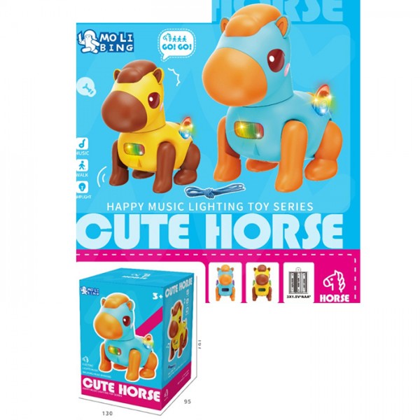 246533 Музична іграшка QB-191Y конячка,15см, ходить, муз., світло,рух. голова, мотузка,бат.,кор.