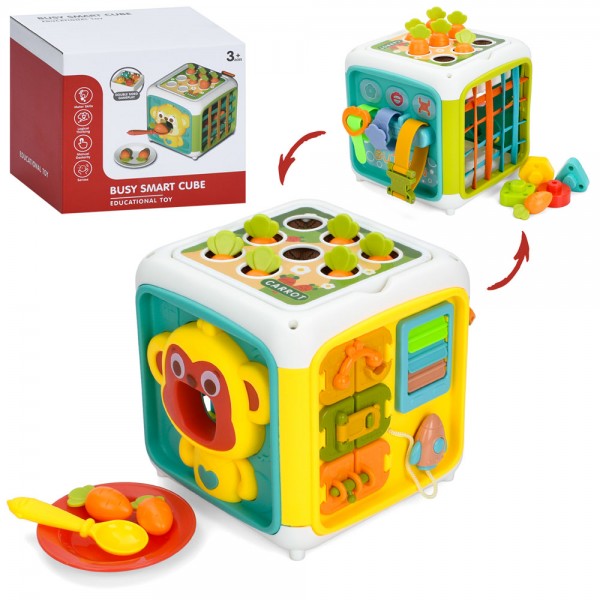 245773 Гра YL562 куб,бізікуб,14,5см,город,гра-нагодуй мавпу,геометрика,засуви,грань-резинки,рух.дет.,в кор.