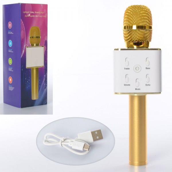 123937 Мікрофон Q7-gold акум., 25см., USB вхід, USB шнур, Bluetooth, золотий, кор., 8,5-26-8,5 см.