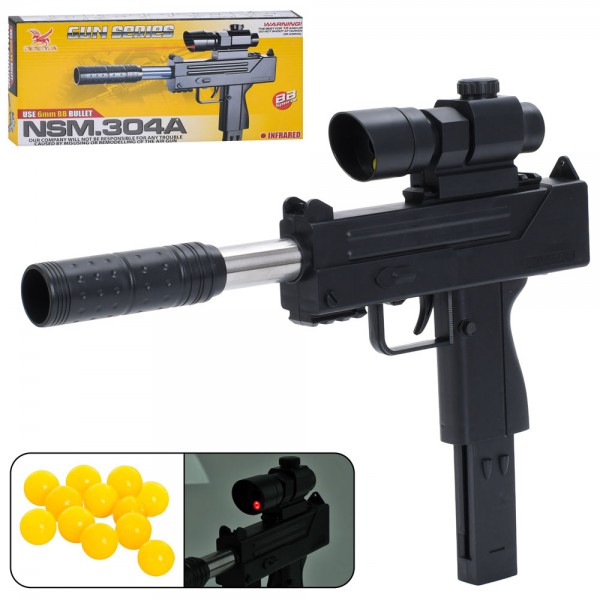 247309 Автомат 304A 33,5см, пластикові кулі, лазер, прицел, на бат(табл), кор., 37,5-17,5-5см