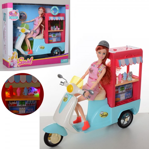 84474 Лялька 7755-A шарнірна, мотоцикл-кафе на колесах, муз., світло, бат. (таб.), кор., 35,5-33-10 см.