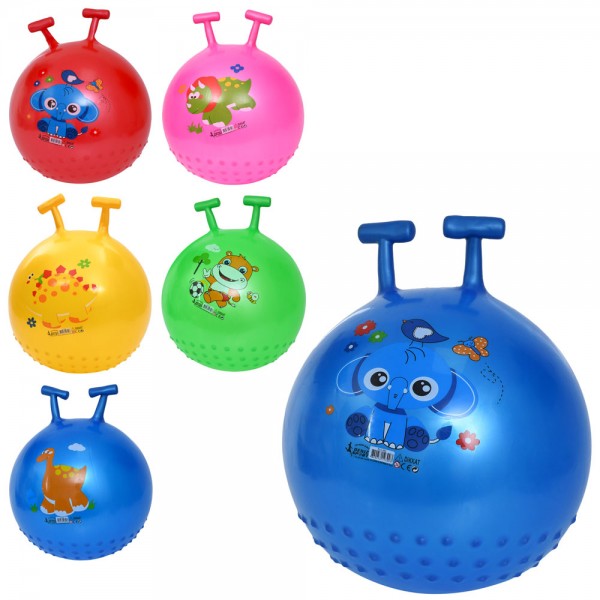 247944 М'яч для фітнесу MS 4873 (40шт) 45см, з ріжками, 370-380г, 5 кольорів/мікс видів (тварина, динозавр),  у пакеті, 16-18-6см