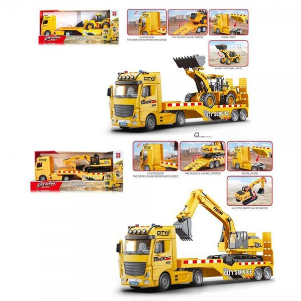 253096 Трейлер RJ2812A-5A  інерція, 55см, 1:12,відчиняються двері,звук,світло,2 види(екскаватор, бульдозер)