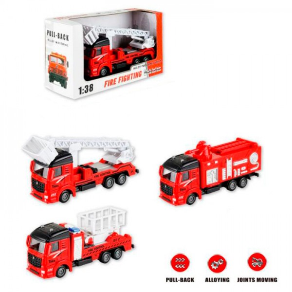 249708 Пожежна машина 6009-4 інерція, метал,1:38,гумові колеса,рухливі деталі,3 види,кор.23,5-13-8см