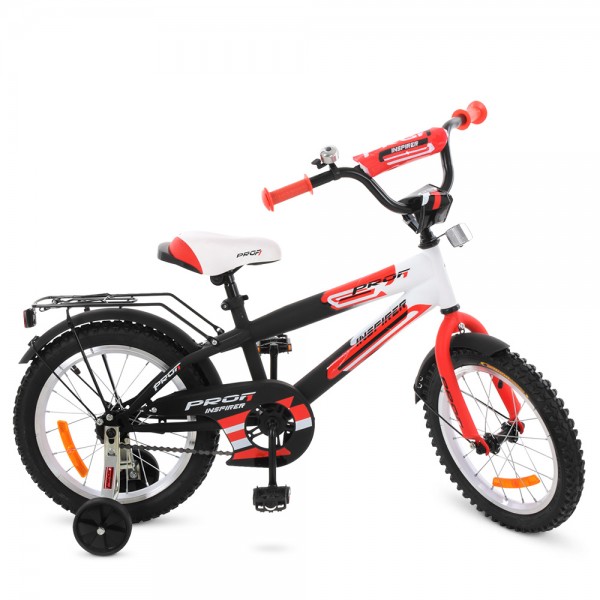23344 Велосипед дитячий PROF1 G1455 14'' додаткові колеса, дзвінок, чорно-білий-червоний.
