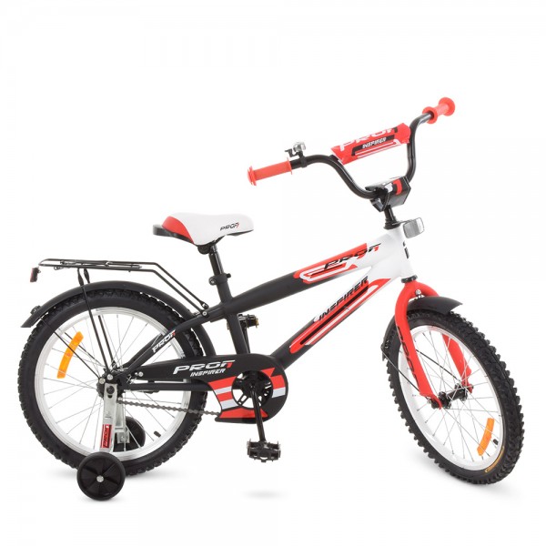 50800 Велосипед дитячий PROF1 G1855 18'' додаткові колеса, дзвінок, чорно-білий-червоний.