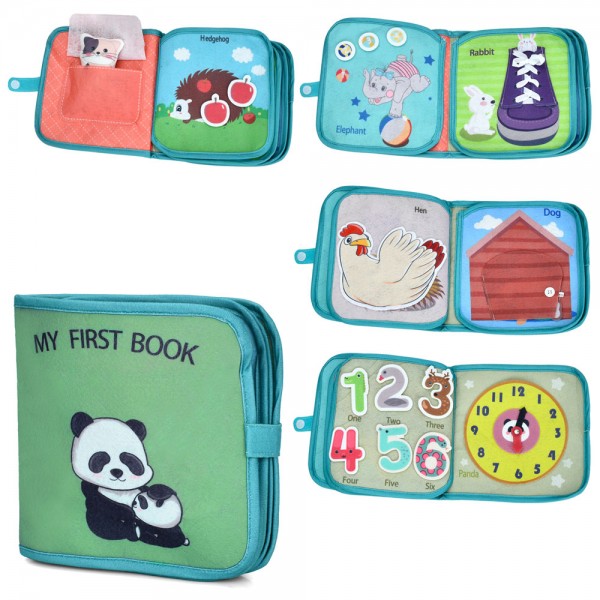 245217 Книжка  N3014 навчальна, деталі на липучках, шнурівка,кіт-пискавка,годинник,слова англ.,кул.,21-23-4