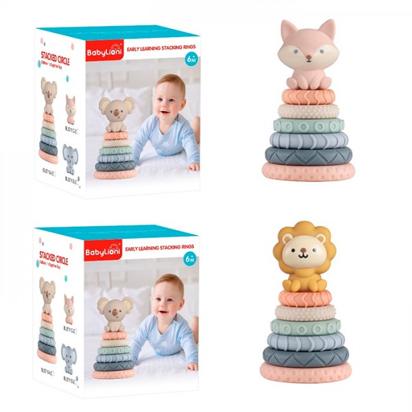 246301 Пірамідка BL8711C-11АF-2 кільця 6шт(текстурні, пазли), м'яка, 2 в. (лисичка 17см, лев 16,5см) в кор.