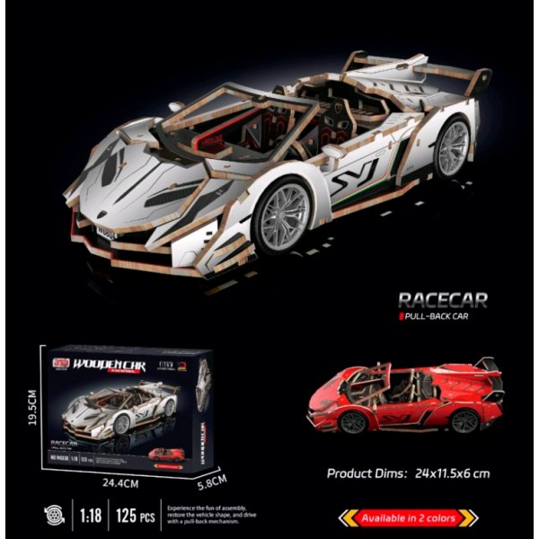262226 Дерев'яна іграшка Пазли W6836 3D пазли, машина,1:18, 24см,125дет,2 кольори, в коробці,