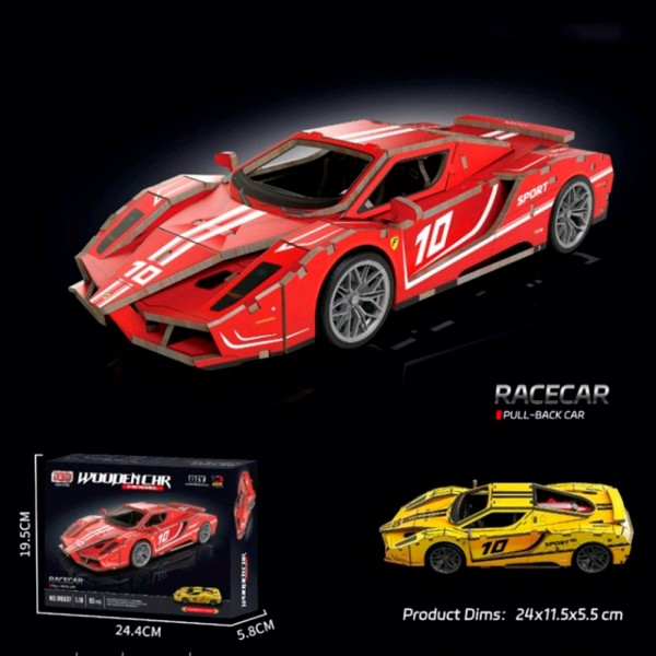 263122 Дерев'яна іграшка Пазли W6837 3D пазли, машина,1:18, 24см, 93дет, 2 кольори,кор, 24,5-19,5-6см