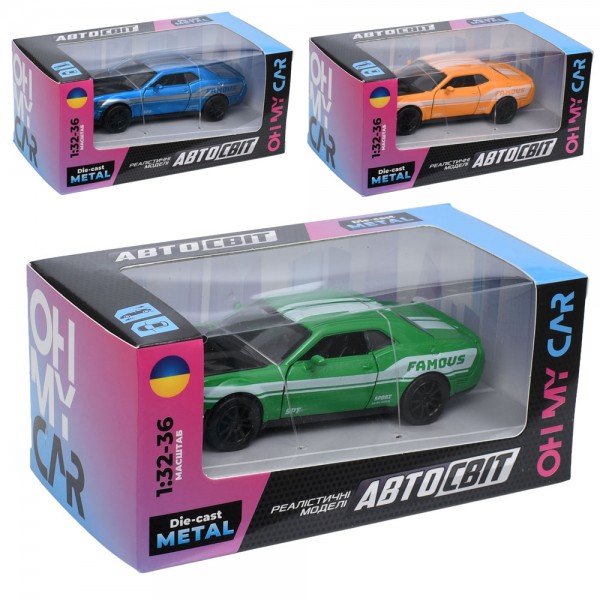 253213 Машина AS-3213 АвтоСвіт,1:32-36,метал,інерція,12см, відчиняються двері/капот, гумові кол.3кольори