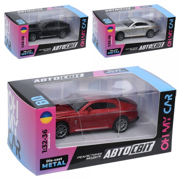 253215 Машина AS-3219 АвтоСвіт,1:32-36,метал,інерція,12см, відчиняються двері/капот, гумові кол.3кольори