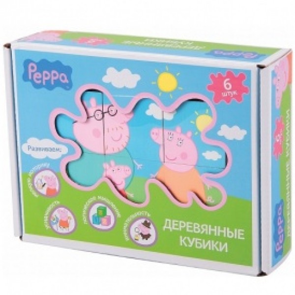 176933 Дерев'яний ігровий набір Peppa - КУБИКИ ПЕППИ (6 кубиків 4,5х4,5 см, 6 малюнків-підказок)