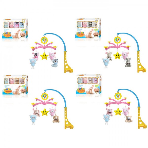 247563 Карусель на кроватку XQT732-3-4-5 (12шт) мобіль на ліжко, заводна, музика, підвіски 5шт (плюш), 4 види, в кор-ці, 32,5-25-7см