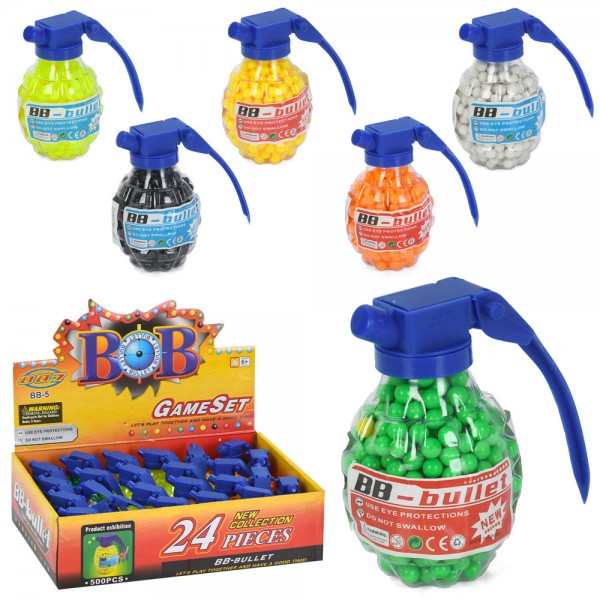 247859 Кулі BB-5  пластик, колба (граната) 10-5см, 24шт(6кольорів) в дисплеї, 33-9-23см