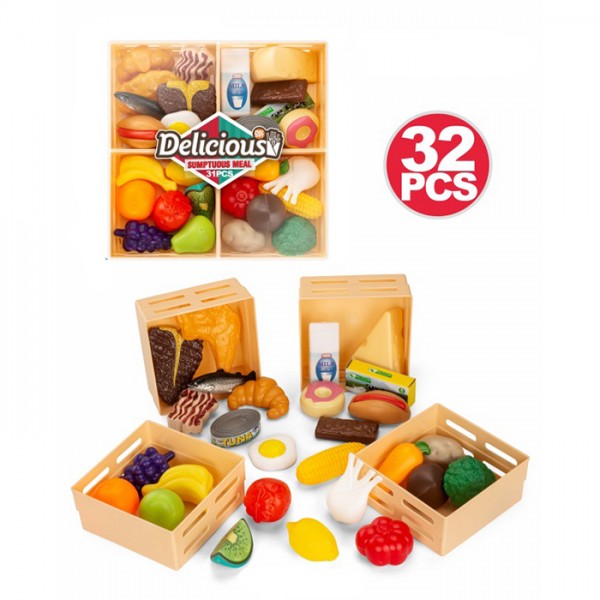 160474 Продукти XG3-25 32 предмети (фрукти, овочі, фаст-фуд, солодощі), 4 ящики, кул., 27-27-6 см.