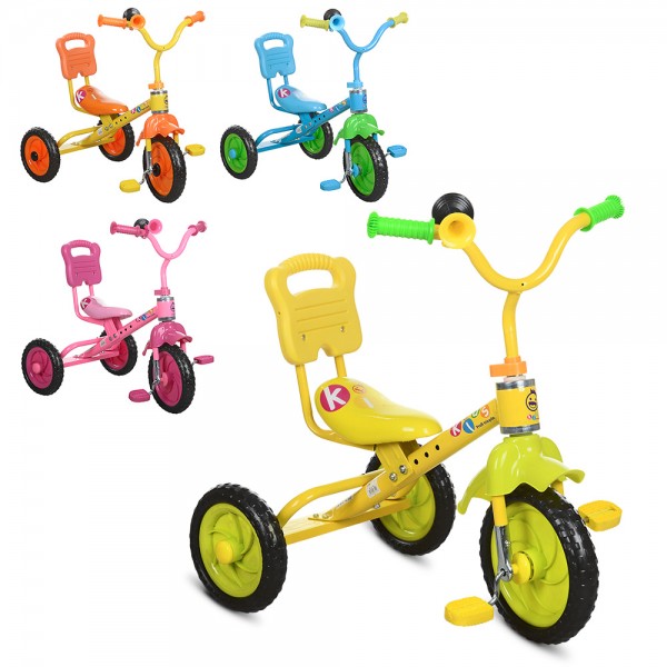 20273 Велосипед M 1190 три колеса, блакитний, рожевий, жовтий, клаксон