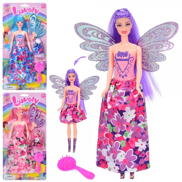 247566 Лялька LY-2827 (48шт) 31см, фея, з крилами, спідниця, гребінець, 3 види, у слюді, 19-38-4см