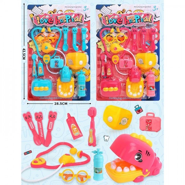 247394 Набір лікаря 706-107 стетоскоп, набір стоматолога, динозавр (щелепи),окуляри,мед.інстр., 2 кольори