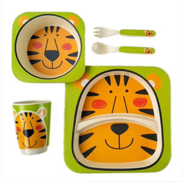 95925 Посуд бамбуковий дитячий "Тигр" 5пр/наб (2 тарілки, виделка, ложка, склянка) MH-2770-25