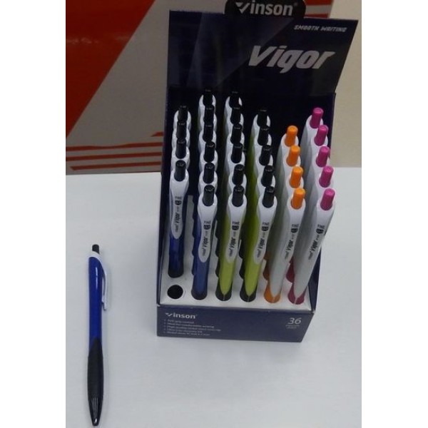 128185 V-127 Ручка автомат масл.Vinson "Vigor" 0,7мм, синя, грип, mix, 36шт/етик.