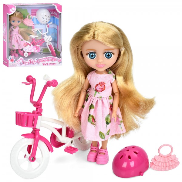 244085 Лялька RR032 16см, шарнірна, велосипед 13см, сумка, шлем, 2 кольори, в кор-ці, 18-20,5-6,5см