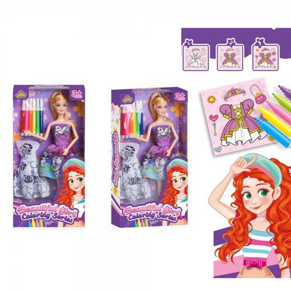 249281 Лялька DSJ278-4 лялька з вбранням,шарнірна,плаття-розмальовка,фломаст.6шт, мікс видів.кор.16-31-5см