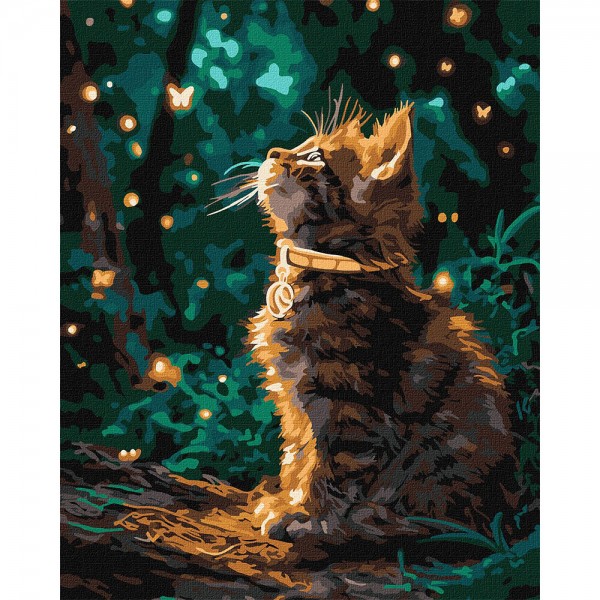 247545 Набір для розпису по номерах "Кошеня та світлячки з фарбами металік extra" 40х50см